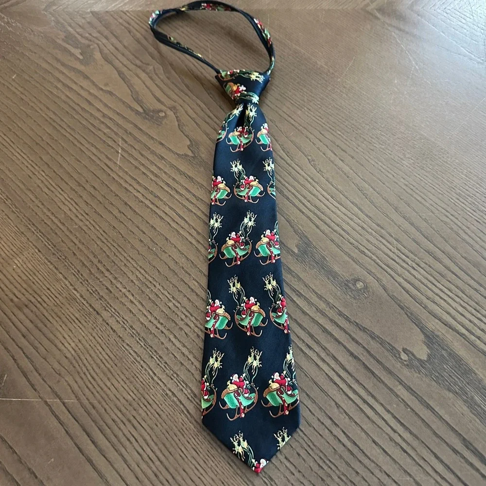 Boys Christmas Santa Sleigh Zipper Tie Navy Blue Holiday Reindeer Necktie